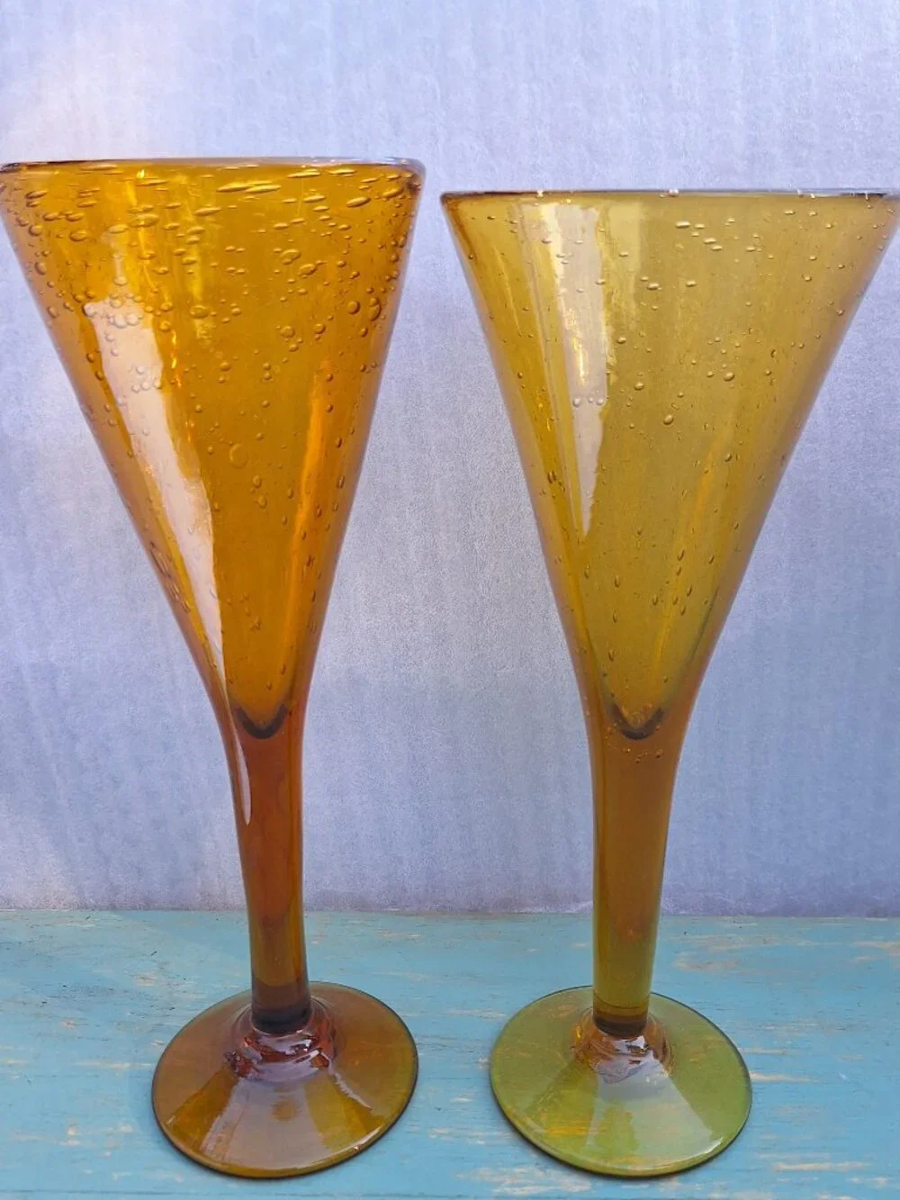 Vintage Wine Goblets Bubbles Hand Blown Glass Gold Bronze Color Pair His and Her - Picture 6 of 16